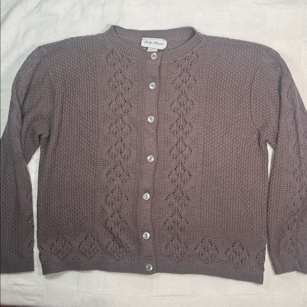 Vintage Lady Ronte Mauve Pointelle Knit Cardigan Sweater L